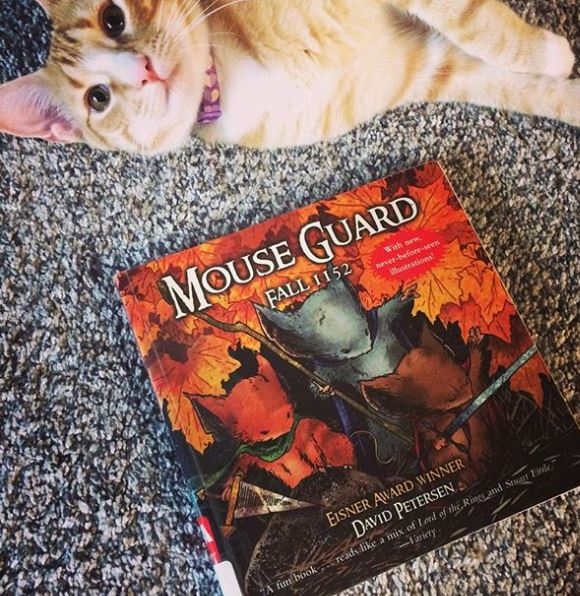 Photo of a yellow tabby cat laying next to the book Mouse Guard: Fall 1152 by David Petersen. Book has leaves and mice with swords on the cover.
